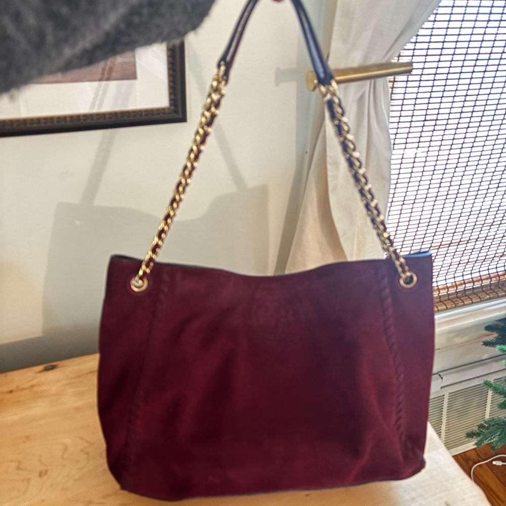 Tory Burch Suede Two-Way Bag Chain Strap Burgundy
